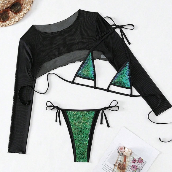 GREEN GLITTER TRIANGLE BIKINI WITH BEACH COVER SWIMSUIT BY SHEINSIZE XL (US 12- - Picture 5 of 8